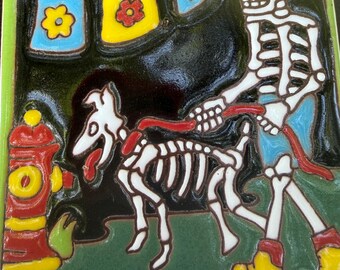 Dog walker tile 6x6 inch. Dia de Muertos/ Halloween