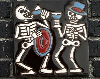 4x4 Inch Hand painted Drinking Skeleton Tile