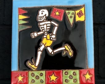 4x4 Inch Running Hand-Painted Skeleton Tile