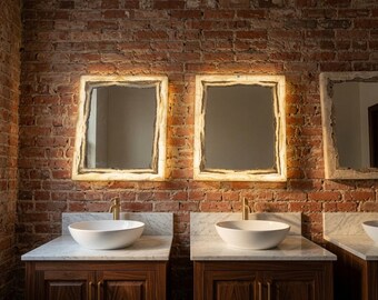 Set Of 2 White Vanity Backlit Onyx Mirrors with Brown Banding.