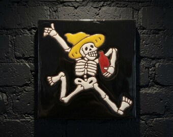 4x4 Inch Jumping Hand- Painted Skeleton Tile