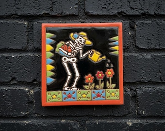 4x4 Inch Watering Plants Hand- Painted Skeleton Tile