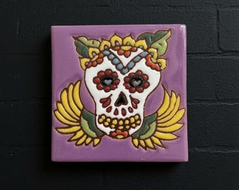 4x4 Inch Purple Hand- Painted Skeleton Tile