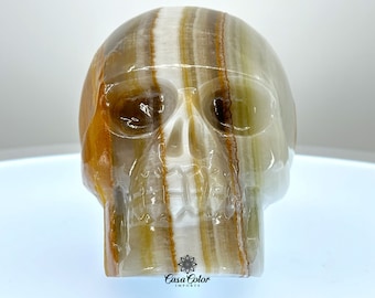 4.75" Brown and White Stripes Calcite Onyx Hand Carved Realistic Skull
