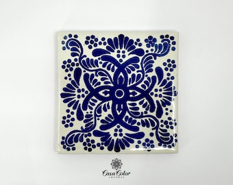 Blue/White Flower Decorative Talavera Tile. Hand-Painted Tile  4x4