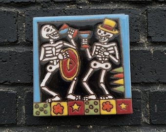 4x4 Inch Drinking Hand- Painted Skeleton Tile