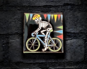 4x4 Inch Hand-Painted Biking Skeleton Tile