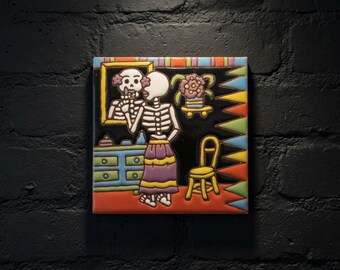 4x4 Inch Hand-Painted Girl in the Mirror Skeleton Tile