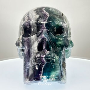 Solid 8&quot; Real Fluorite Hand Carved Crystal Skull, Super Realistic, Crystal Healing