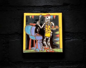 4x4 Inch Hand-Painted BBQ Skeleton Tile