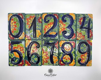 Handmade Talavera House Number: Glossy Relief Blue Floral Tile