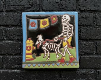 4x4 Inch Dog Walker Hand- Painted Skeleton Tile