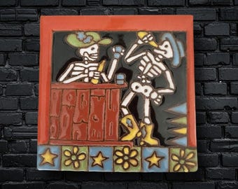 4x4 Inch Dancing Hand- Painted Skeleton Tile