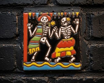 4x4 Inch Couple Dancing Hand- Painted Skeleton Tile