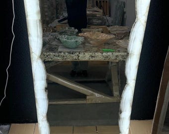 Large White Onyx Stone Mirror with Raw Inside Edge 59"x 33"