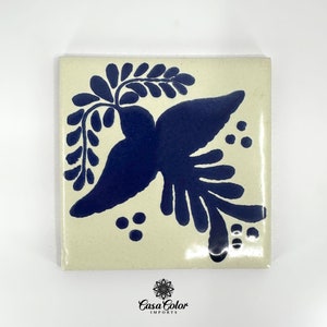 4”x4” Ivory/Blue Bird Decorative Glossy Tile. Hand-Painted Colonial Style.