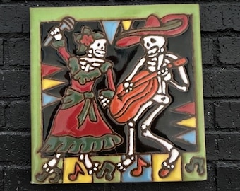 4x4 Inch Dancing Hand- Painted Skeleton Tile
