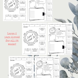 May include: Black and white printable planner page with a hexagonal shape in the centre labelled "Cycle 1 Week 18". The page is divided into sections for "timeline", "science", "math", "history", "geography", "grammar", "Latin", and "fine art".