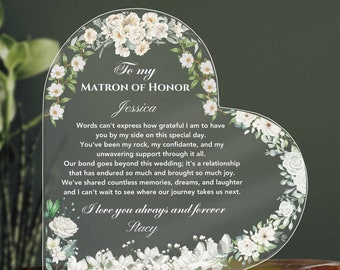 Personalized Matron of Honor Gift from Bride, Thank you Gift for Maid of Honor, Maid of Honor Acrylic Plaque, Custom Day of Wedding Gift MOH
