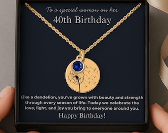 40th Birthday gifts for women Jewelry | Dandelion Necklace with Birthstone and Custom Engraving, Turning 40 year Birthday Milestone