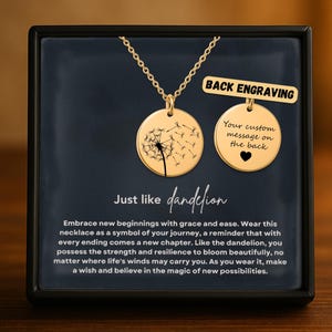 May include: Gold necklace with two circular pendants. One pendant shows a dandelion design, the other has space for a custom message. The text reads "Just like dandelion" and "Back Engraving".