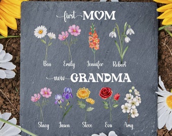 First Mom Now Grandma Garden Stone with Birth flowers and grandkids names, Mothers day gift for Grandmother, Outdoor garden decor gift Nana