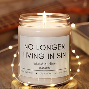 No Longer Living In Sin Soy Candle, Custom Wedding Gift For Couple Unique, Funny Newlywed Gift, Wedding Date gift for husband, Engagement