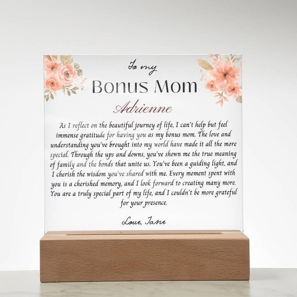 Personalized Bonus Mom gift Acrylic Plaque with message, Gift for Stepmom, Wedding Thank you, Christmas, Birthday gift from Stepdaughter