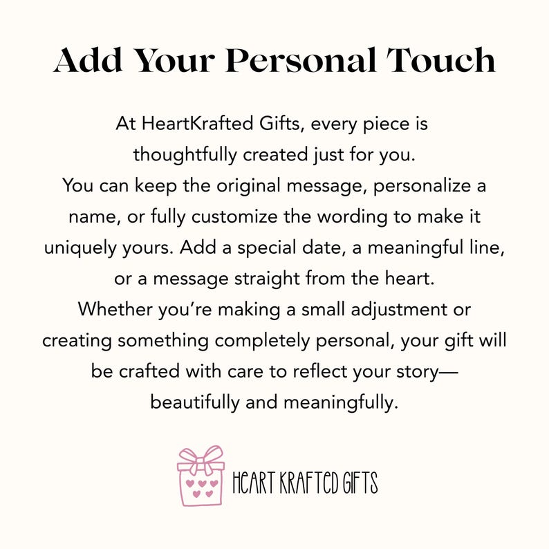 May include: White background with the text "Add Your Personal Touch." The text describes the ability to personalize gifts with names, dates, or custom wording. The HeartKrafted Gifts logo is at the bottom.