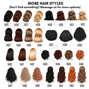 K&ouml;nnte beinhalten: Eine Tabelle mit 53 verschiedenen Frisuren f&uuml;r Frauen. Die Frisuren sind von H25 bis H53 nummeriert. Die Frisuren sind alle von hinten gezeigt.