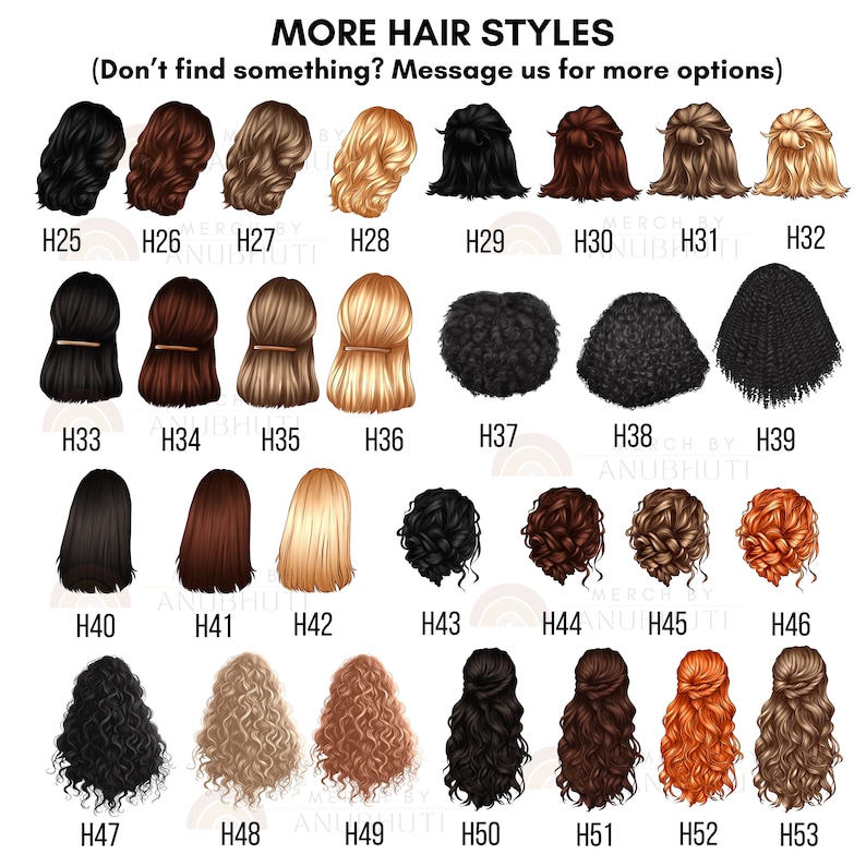 K&ouml;nnte beinhalten: Eine Tabelle mit 53 verschiedenen Frisuren f&uuml;r Frauen. Die Frisuren sind von H25 bis H53 nummeriert. Die Frisuren sind alle von hinten gezeigt.