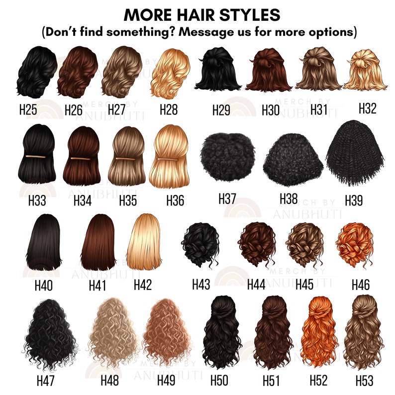 May include: A collection of illustrated hairstyles in various colors and styles, including straight, wavy, and curly. The image includes text that reads "MORE HAIR STYLES" and "(Don't find something? Message us for more options)". Each hairstyle is labeled with a number.