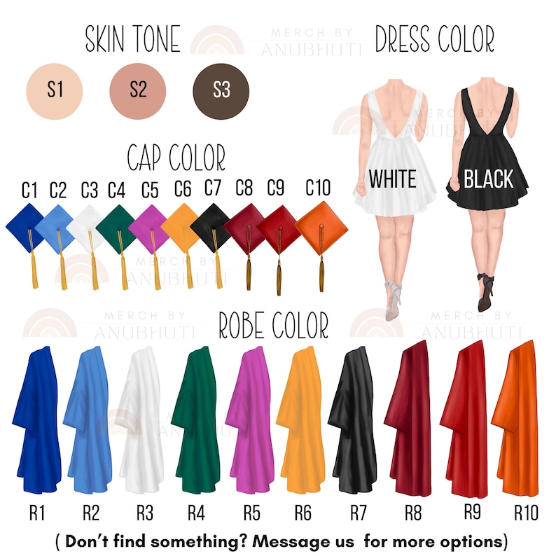 May include: A graphic featuring options for graduation attire. It includes skin tone swatches, cap colors, dress colors (white and black), and robe colors. Text reads "MERCH BY ANUBHUTI" and "(Don't find something? Message us for more options)".