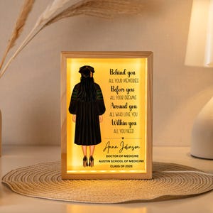 K&ouml;nnte beinhalten: Ein beleuchtetes Holzschild mit einer schwarzen Silhouette eines Absolventen, der eine Kappe und eine Robe tr&auml;gt. Das Schild tr&auml;gt den Text "Behind you all your memories, Before you all your dreams, Around you all who love you, Within you all you need." Das Schild enth&auml;lt auch den Namen "Anna Johnson", den Titel "Doctor of Medicine", die Schule "Austin School of Medicine" und das Jahr "Class of 2025".