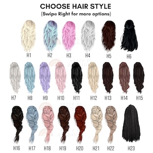 May include: A graphic featuring 23 different hair style options in various colors, including blonde, blue, pink, white, brown, and black. The text "CHOOSE HAIR STYLE" is at the top, with "(Swipe Right for more options)" below it.