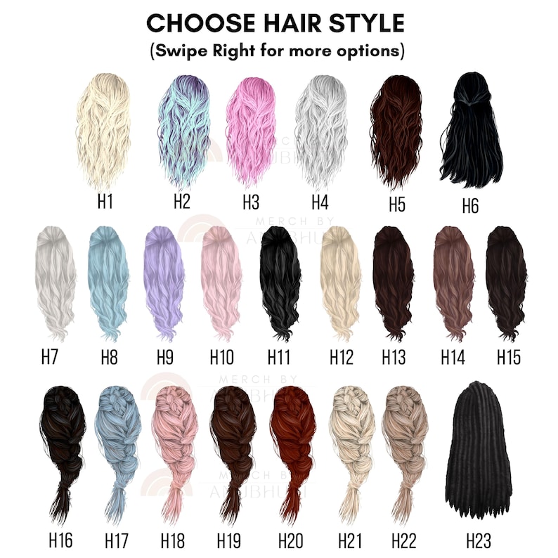 May include: A graphic featuring 23 different hair style options in various colors, including blonde, blue, pink, white, brown, and black. The text "CHOOSE HAIR STYLE" is at the top, with "(Swipe Right for more options)" below it.