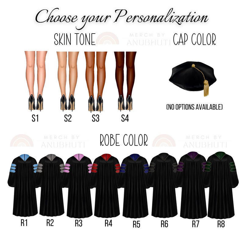 K&ouml;nnte beinhalten: Eine Grafik, die verschiedene Hautt&ouml;ne, Robenfarben und M&uuml;tzenfarben f&uuml;r eine Graduierungs-Illustration zeigt. Der Text lautet "W&auml;hlen Sie Ihre Personalisierung", "Hautfarbe", "M&uuml;tzenfarbe", "(KEINE OPTIONEN VERF&Uuml;GBAR)", "Robenfarbe", "MERCH BY ANUBHUTI".