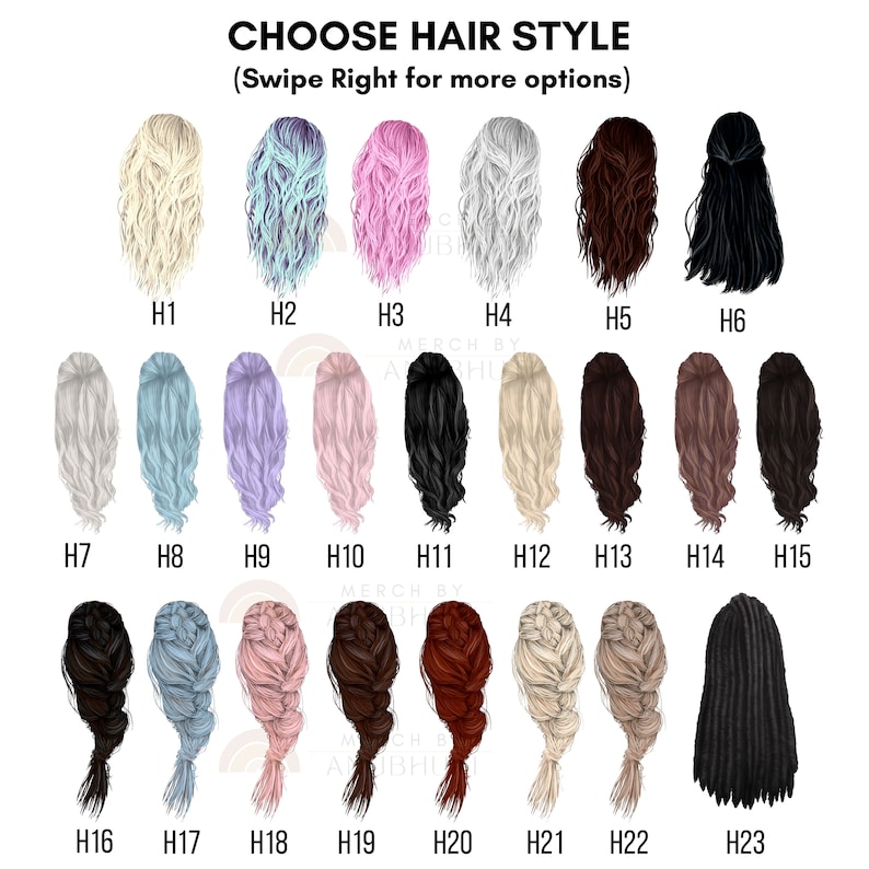 K&ouml;nnte beinhalten: Eine Auswahl von 23 verschiedenen Frisuren f&uuml;r einen anpassbaren Avatar. Die Frisuren sind in verschiedenen Farben dargestellt, darunter blond, braun, schwarz, rosa, blau und grau. Die Frisuren sind von H1 bis H23 nummeriert.