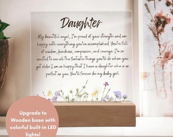 Personlig present till dottern från pappa i akryl med hjärtligt meddelande och vildblommor, unika presenter till dotterns uppskattningsfödelsedag