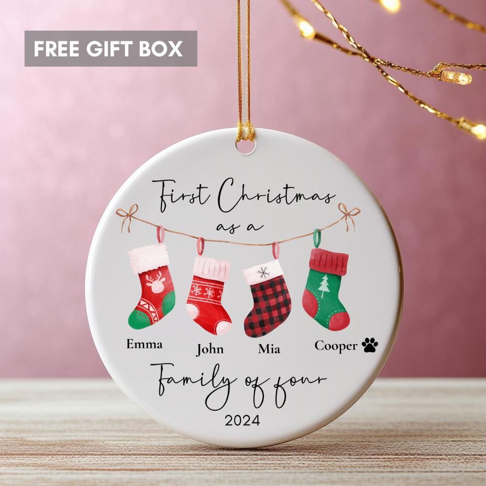 Personalised First Christmas as a Family of 3 4 Bauble - First Christmas Ornament - Family of four Bauble - Baby First Xmas Tree Decoration