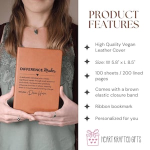 May include: An orange journal with the text "DIFFERENCE Maker" and a quote. The journal has a brown elastic closure band and ribbon bookmark. The journal is 5.8" wide and 8.5" long.