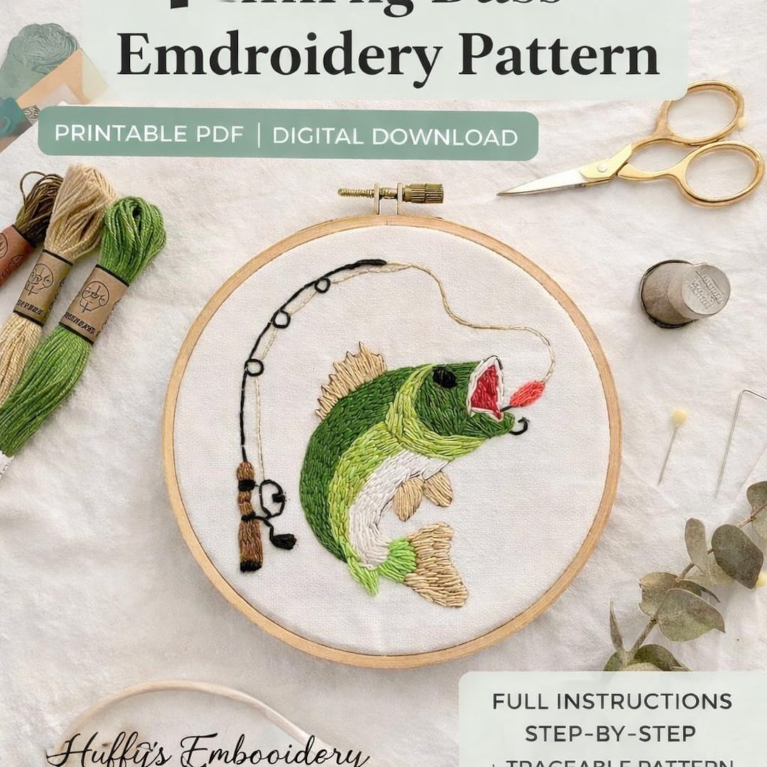 Fishing Bass Hand Embroidery Pattern | Beginner-friendly (digital PDF ...