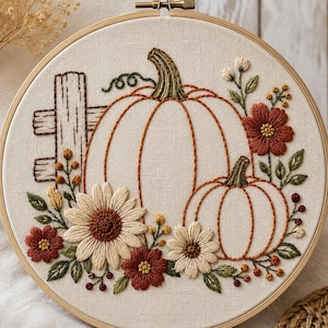 Fall Pumpkin Embroidery Pattern | Floral Autumn Hoop Art (PDF Download)