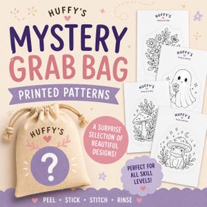 May include: A beige drawstring bag with a question mark and the text "HUFFY'S MYSTERY GRAB BAG PRINTED PATTERNS." Several black and white printed patterns are displayed, including flowers, a ghost, a mushroom, and a frog. The text "PEEL STICK STITCH RINSE" is at the bottom.