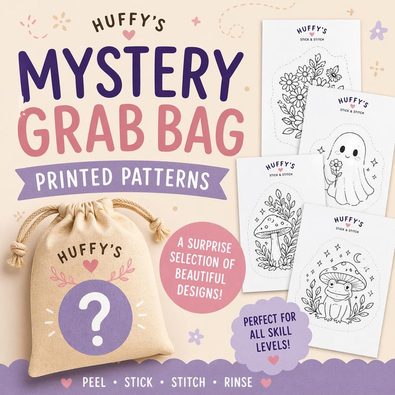 May include: A beige drawstring bag with a question mark and the text "HUFFY'S MYSTERY GRAB BAG PRINTED PATTERNS." Several black and white printed patterns are displayed, including flowers, a ghost, a mushroom, and a frog. The text "PEEL STICK STITCH RINSE" is at the bottom.