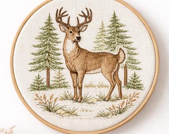 Deer Embroidery Pattern | White-Tailed Buck, Pine Forest (PDF Pattern)