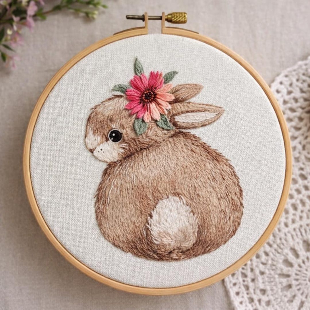 Floral Bunny Embroidery Pattern PDF | Cute Rabbit Hand Embroidery ...
