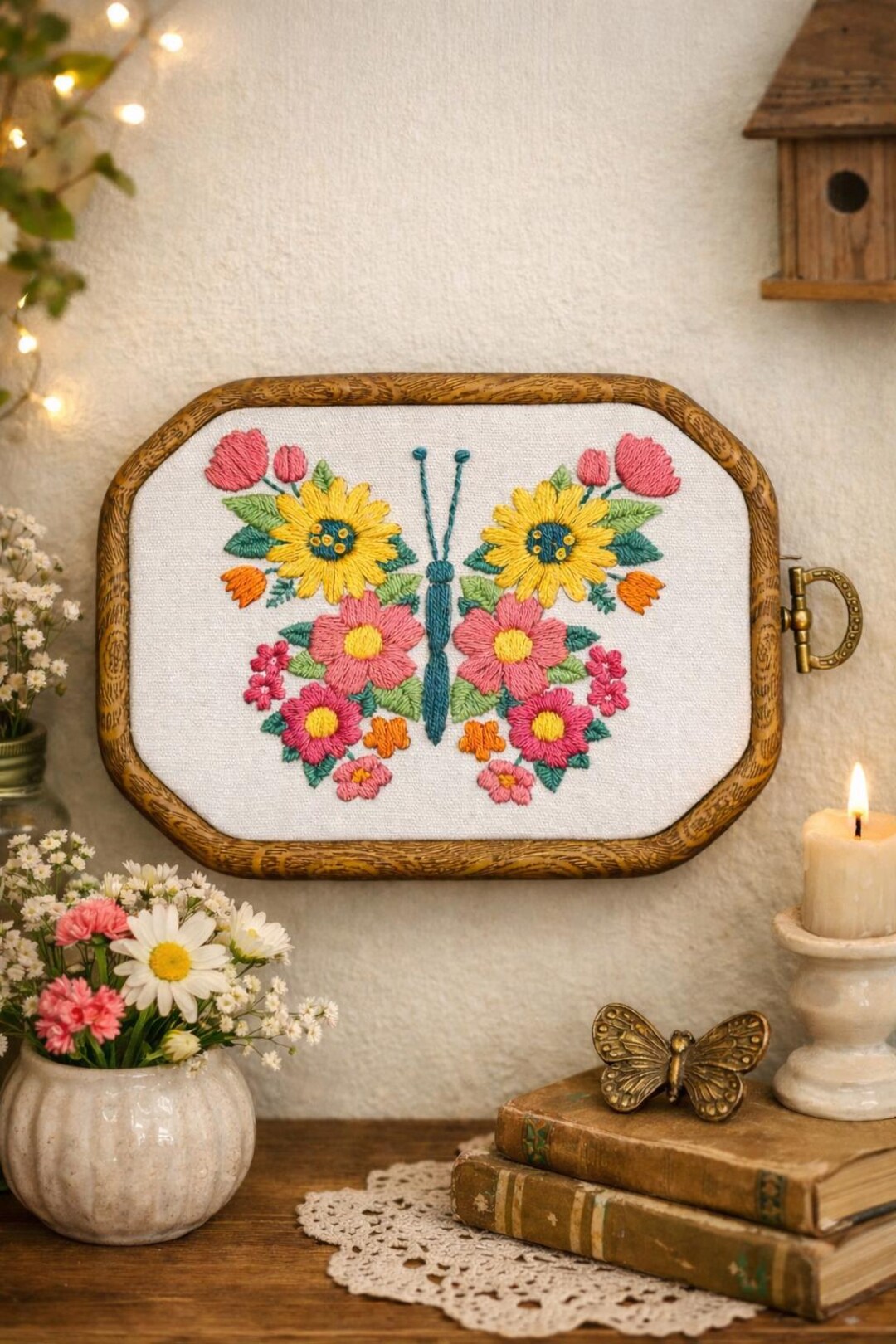 Hand Embroidered Floral Butterfly in Faux Wood Hoop | Cottagecore Wall ...