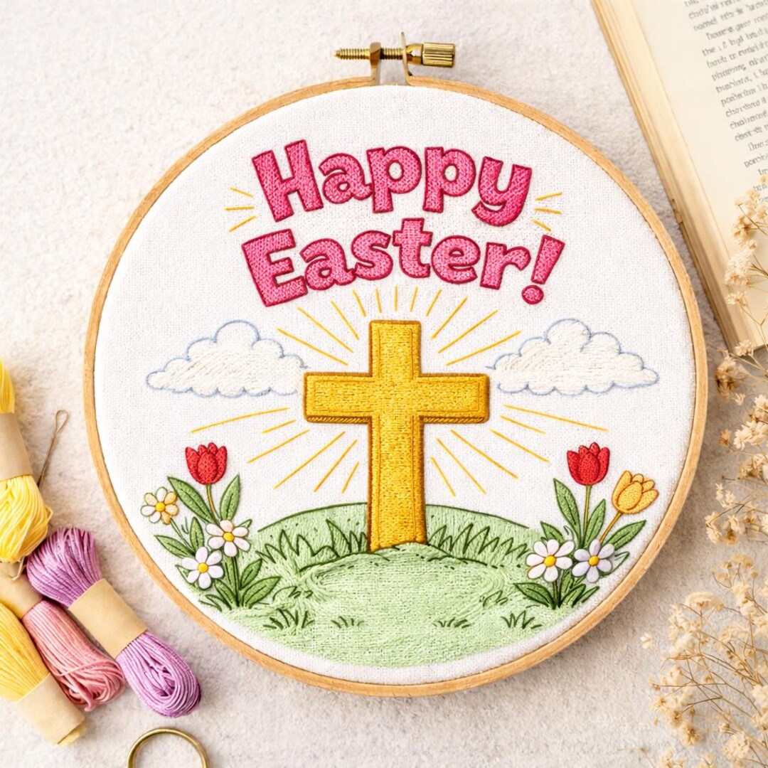 Happy Easter Cross Embroidery Pattern PDF | Christian Embroidery Design ...