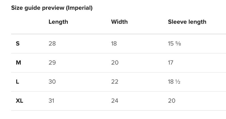 May include: Size guide for a shirt in inches. The table shows the length, width, and sleeve length for sizes S, M, L, and XL.
